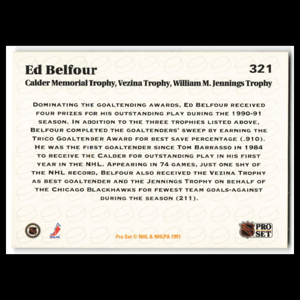 Ed Belfour #321 1991 Pro Set Chicago Blackhawks Hockey Card NHL NM