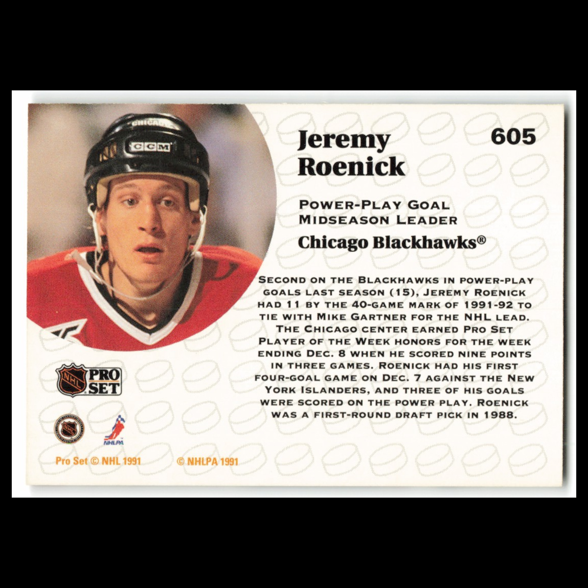 Jeremy Roenick #605 1991 Pro Set Chicago Blackhawks Hockey Card NHL NM