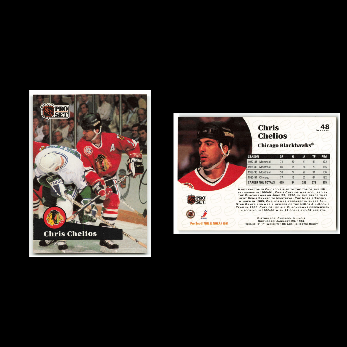 Chris Chelios #48 1991 Pro Set Chicago Blackhawks Hockey Card NHL NM