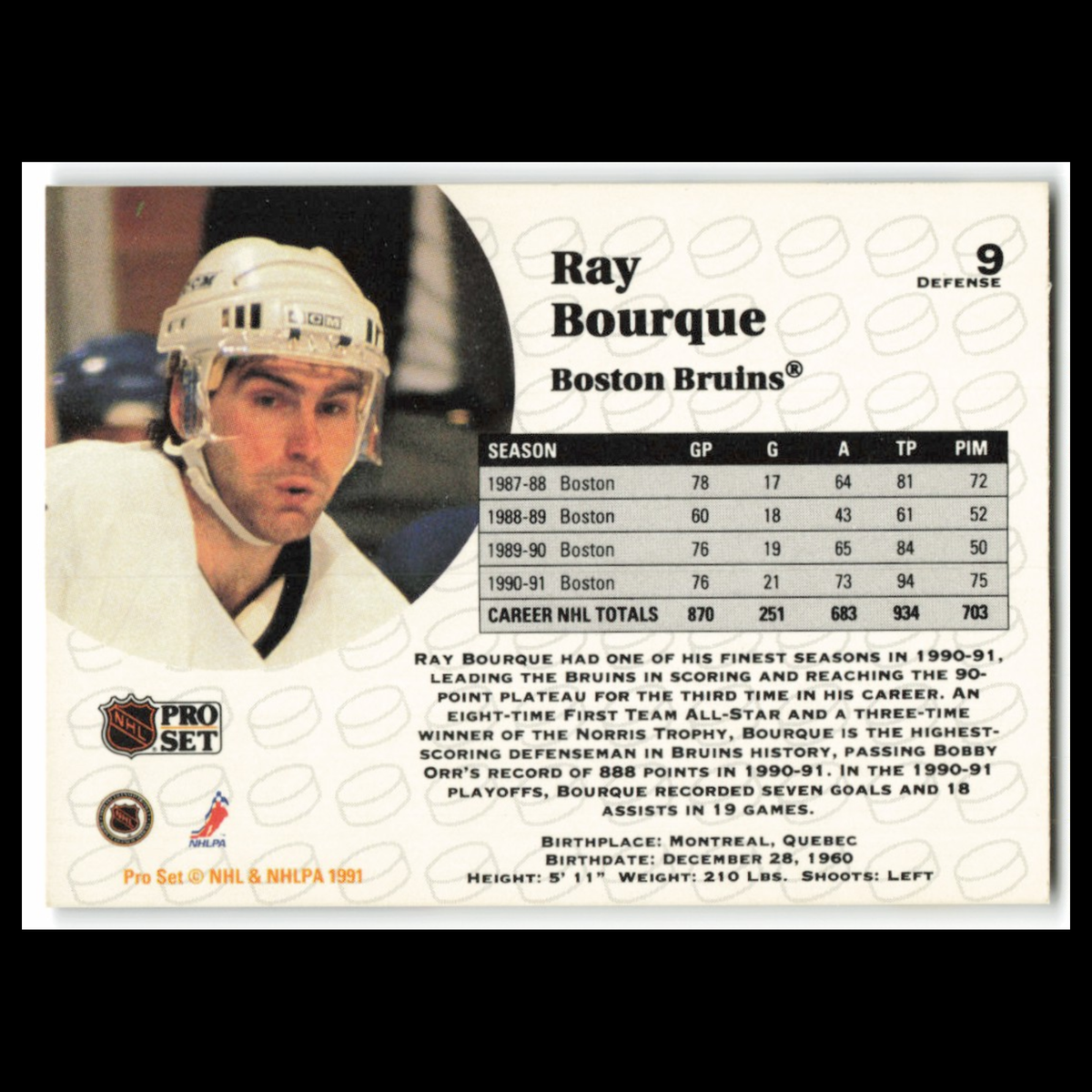 Ray Bourque #9 1991 Pro Set Boston Bruins Hockey Card NHL NM