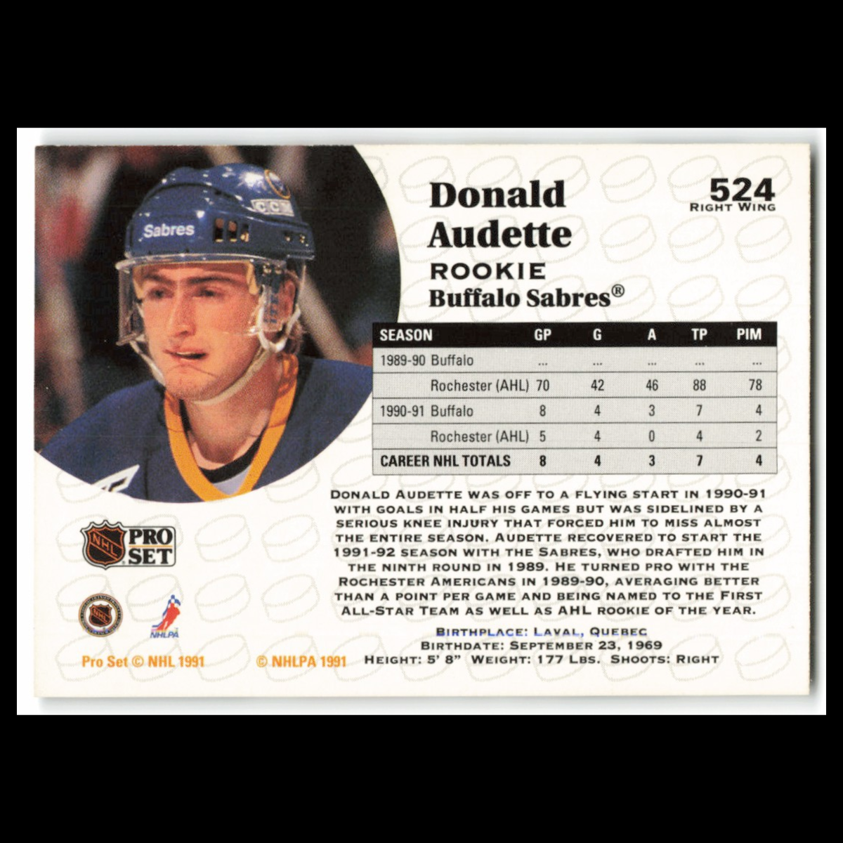 Donald Audette Rookie #524 1991 Pro Set Buffalo Sabres Hockey Card NHL NM