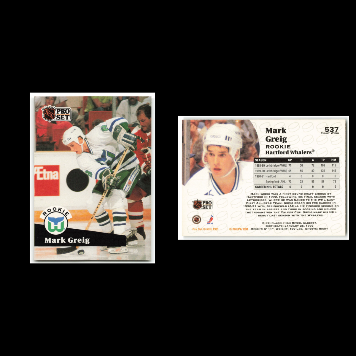 Mark Greig Rookie #537 1991 Pro Set Hartford Whalers Hockey Card NHL NM