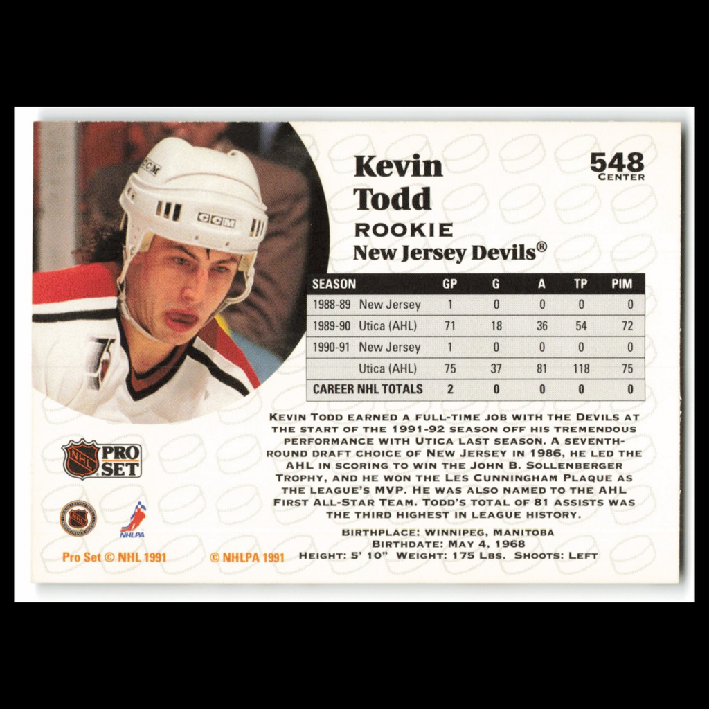 Kevin Todd Rookie #548 1991 Pro Set New Jersey Devils Hockey Card NHL NM