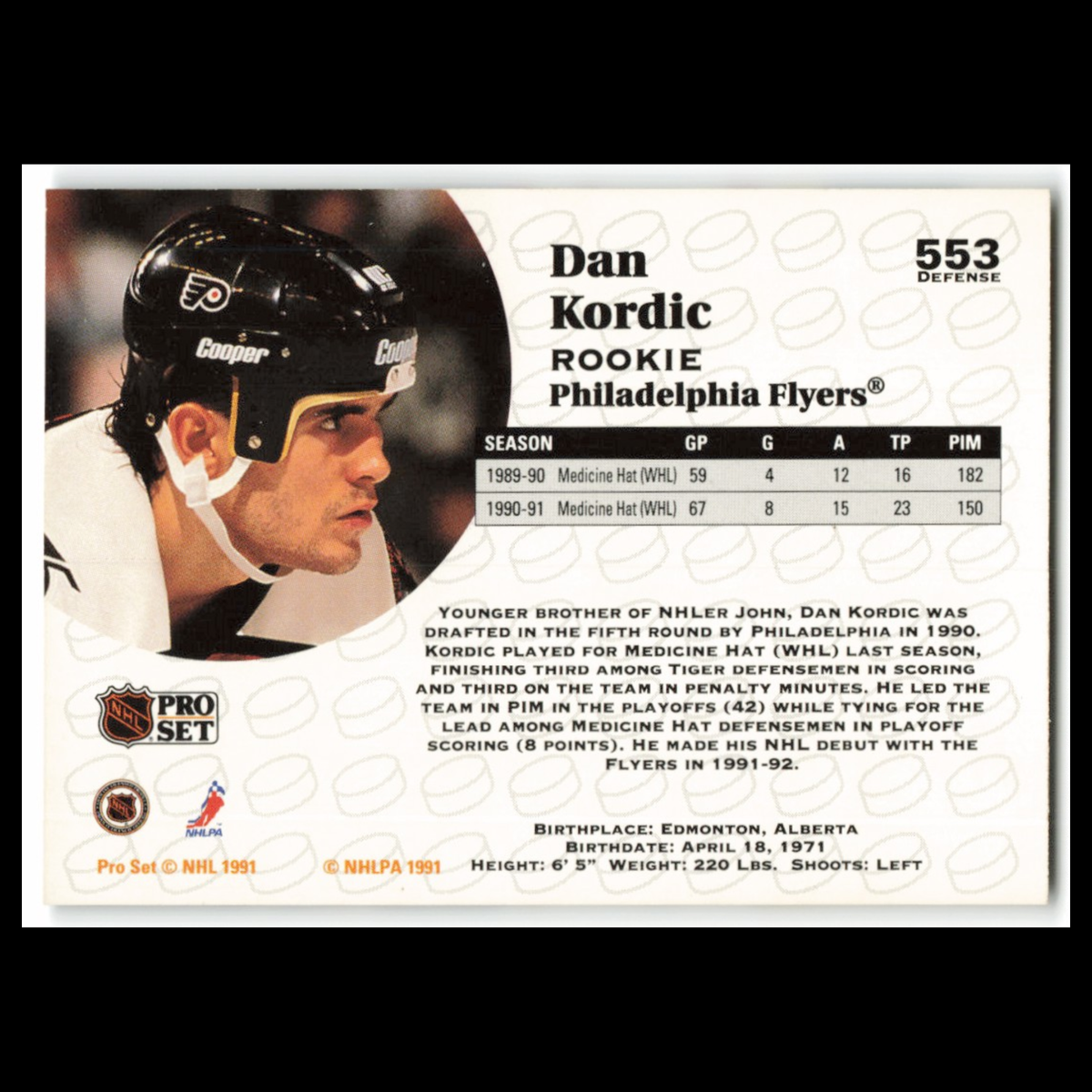 Dan Kordic Rookie #553 1991 Pro Set Philadelphia Flyers Hockey Card NHL NM