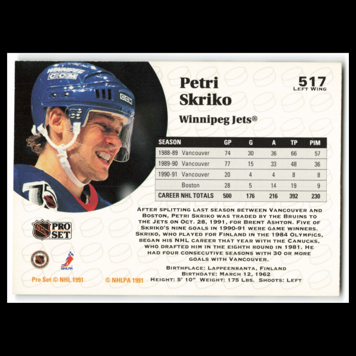 Petri Skriko #517 1991 Pro Set Winnipeg Jets Hockey Card NHL NM