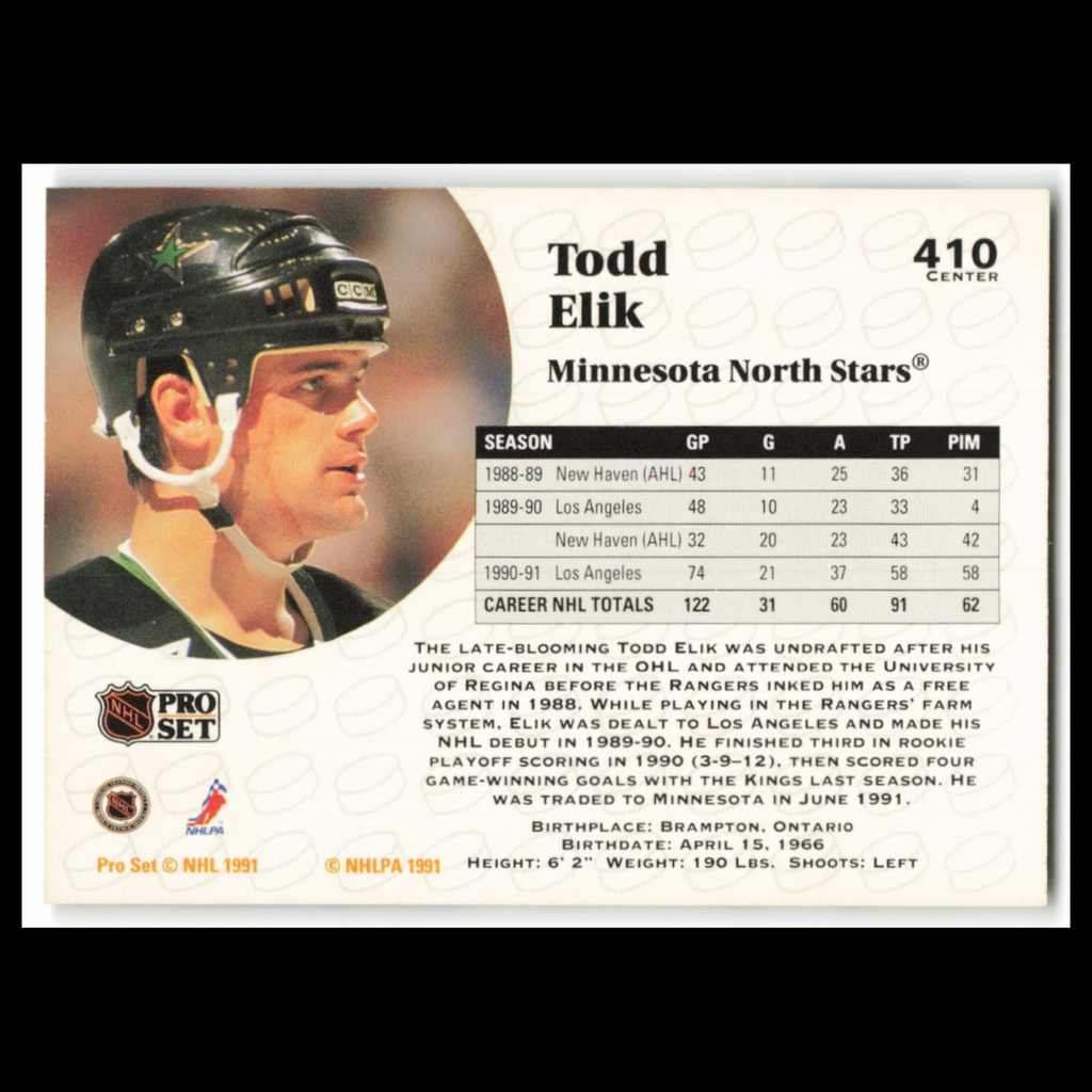 Todd Elik #410 1991 Pro Set Minnesota North Stars Hockey Card NHL NM