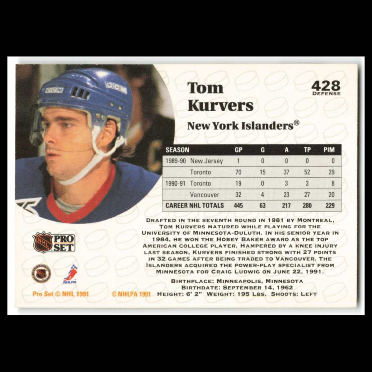 Tom Kurvers #428 1991 Pro Set New York Islanders Hockey Card NHL NM