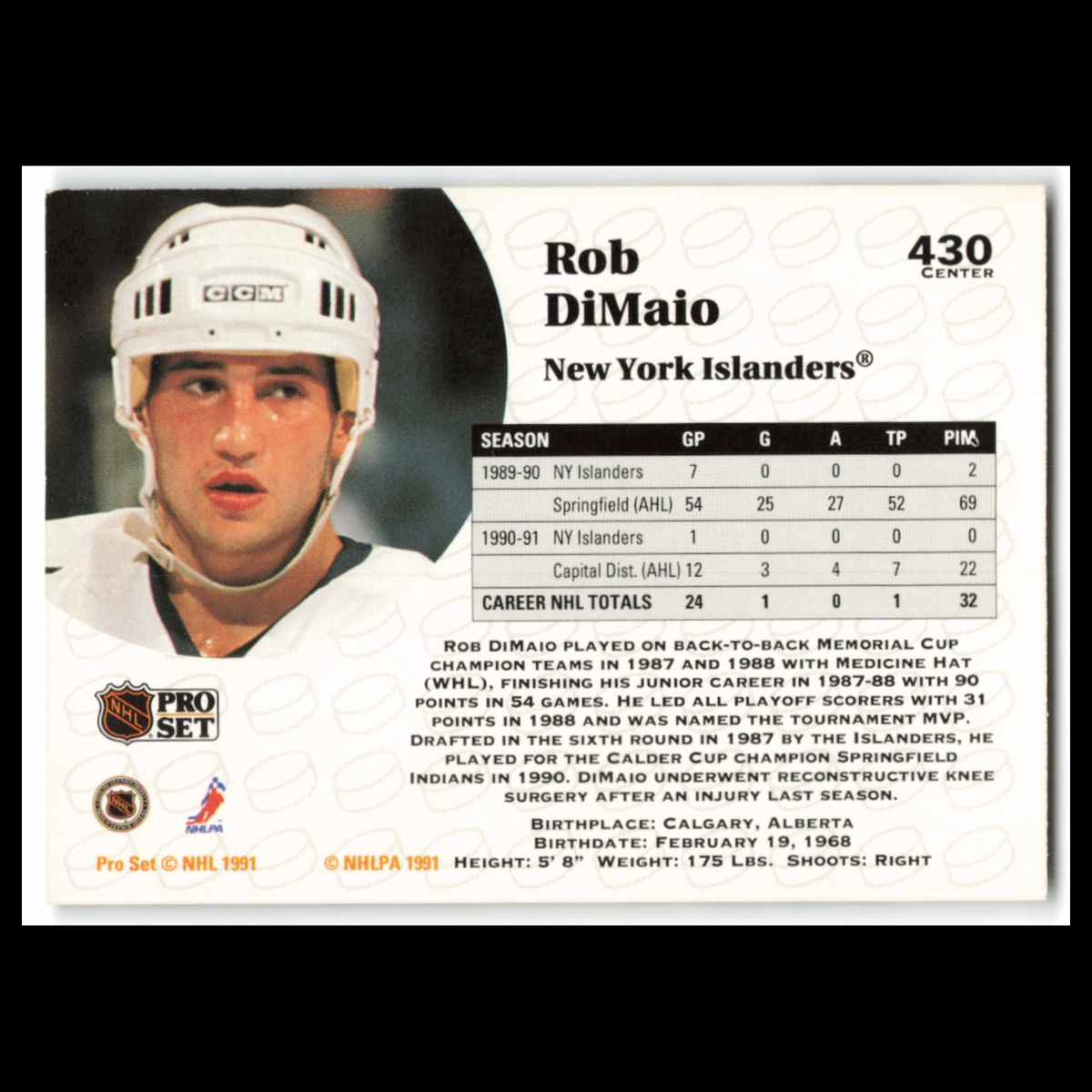 Rob DiMaio #430 1991 Pro Set New York Islanders Hockey Card NHL NM