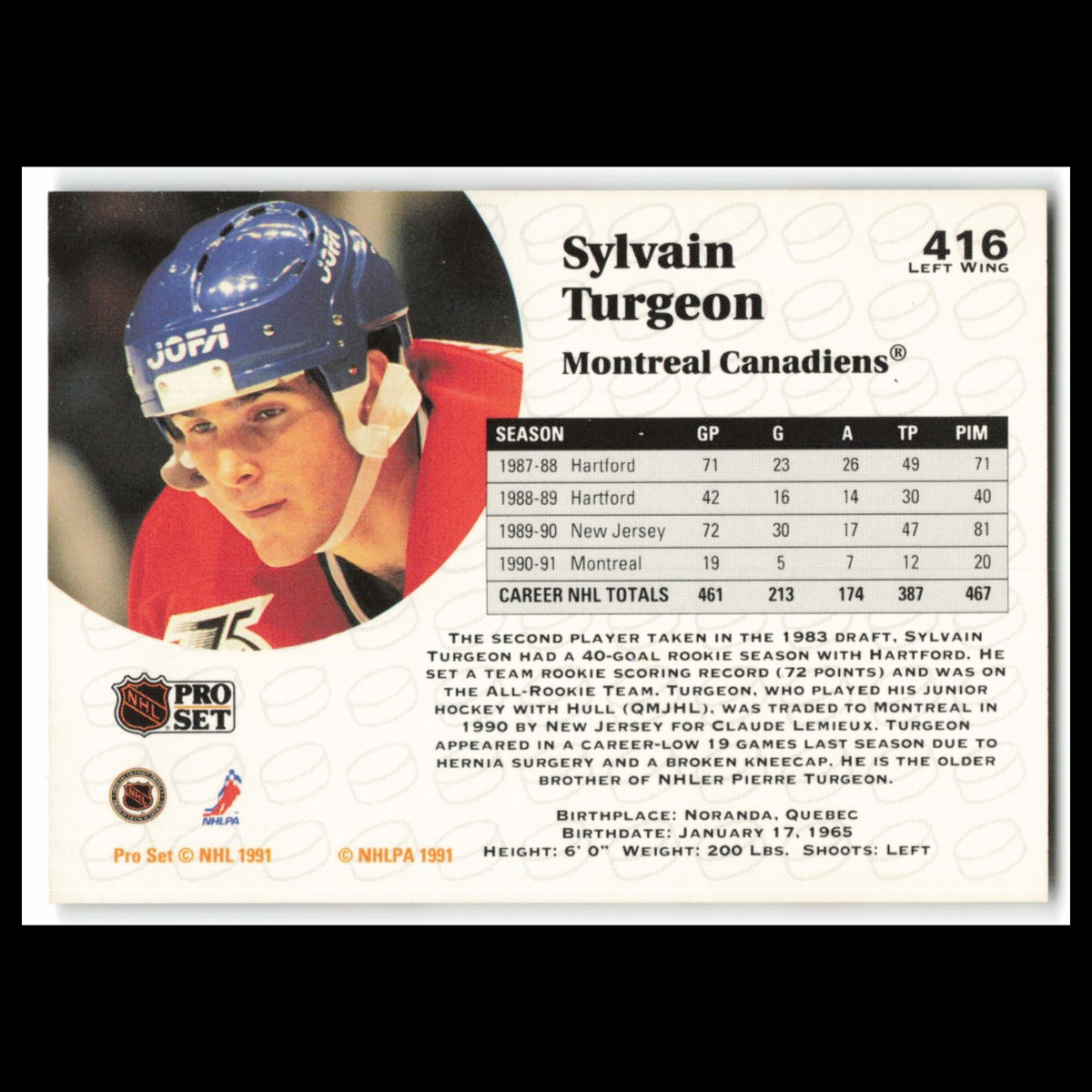 Sylvain Turgeon #416 1991 Pro Set Montreal Canadiens Hockey Card NHL NM