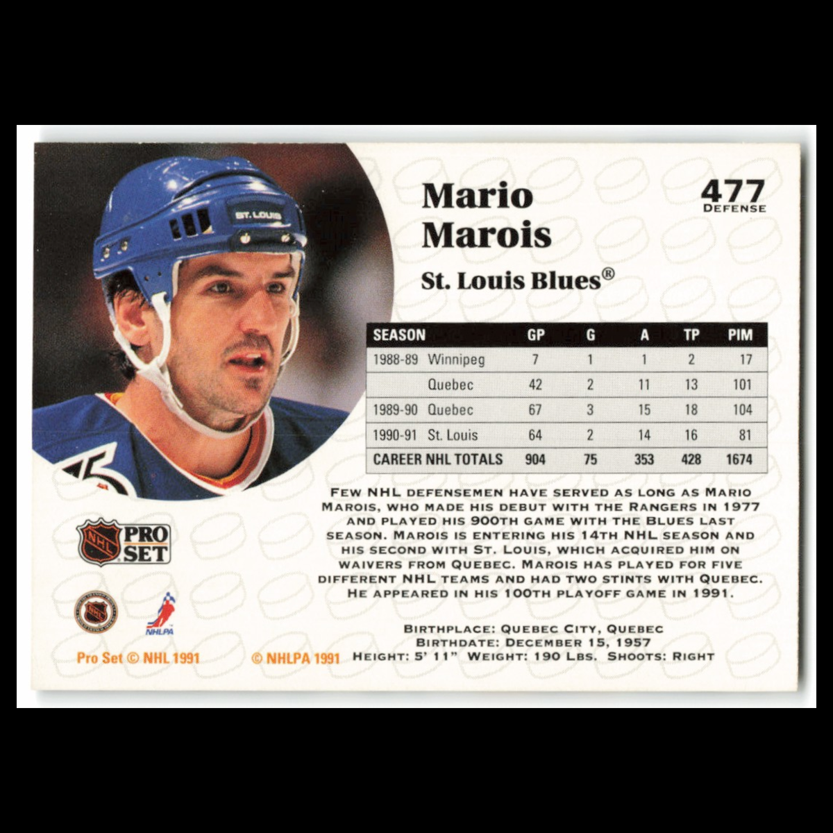 Mario Marois #477 1991 Pro Set Winnipeg Jets Hockey Card NHL NM