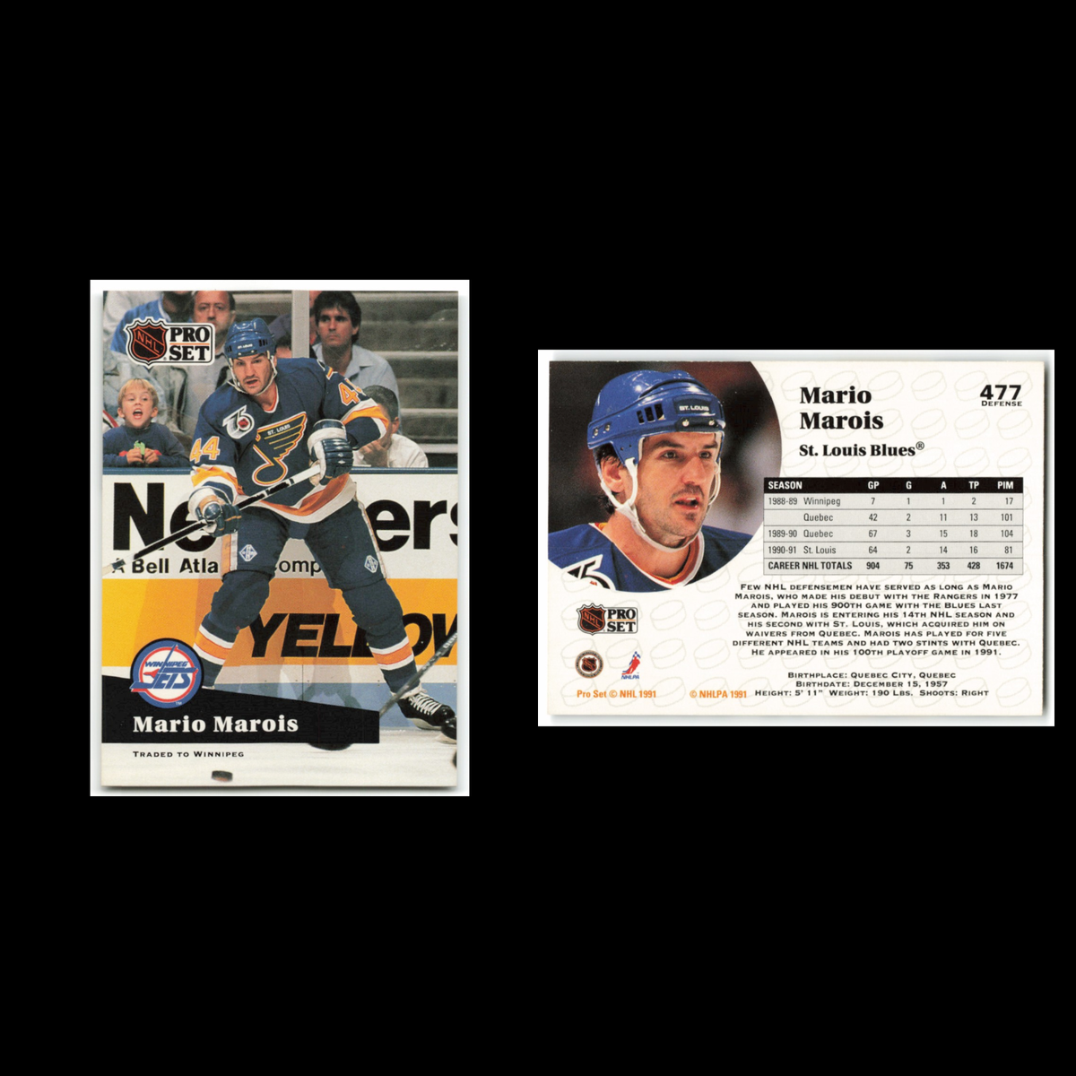 Mario Marois #477 1991 Pro Set Winnipeg Jets Hockey Card NHL NM