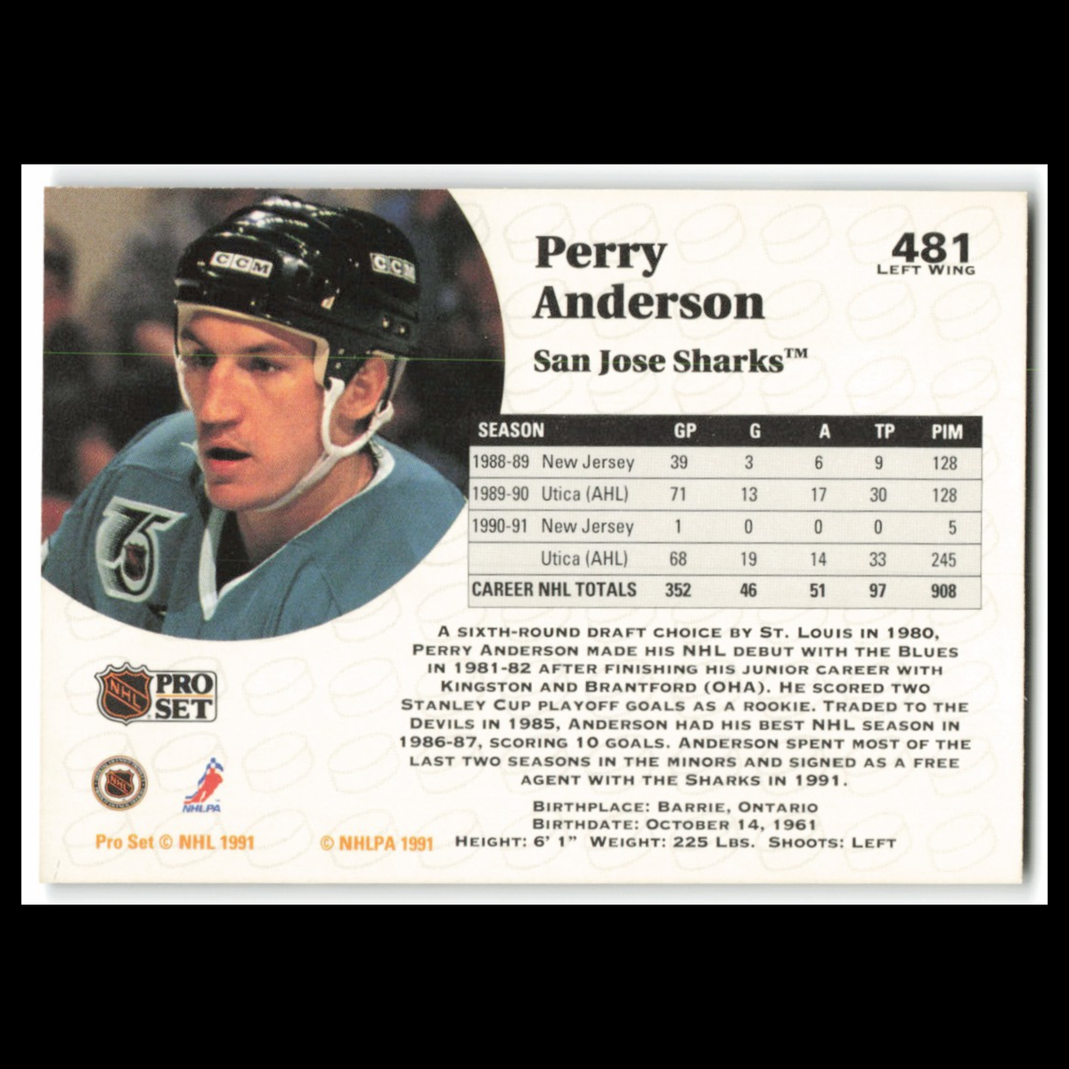 Perry Anderson Rookie #481 1991 Pro Set San Jose Sharks Hockey Card NHL NM