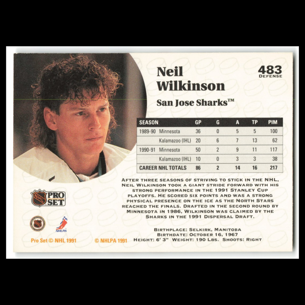 Neil Wilkinson #483 1991 Pro Set San Jose Sharks Hockey Card NHL NM