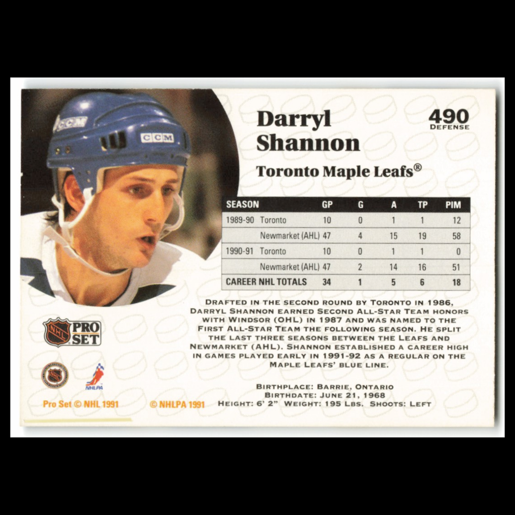 Darryl Shannon Rookie #490 1991 Pro Set Toronto Maple Leafs Hockey Card NHL NM