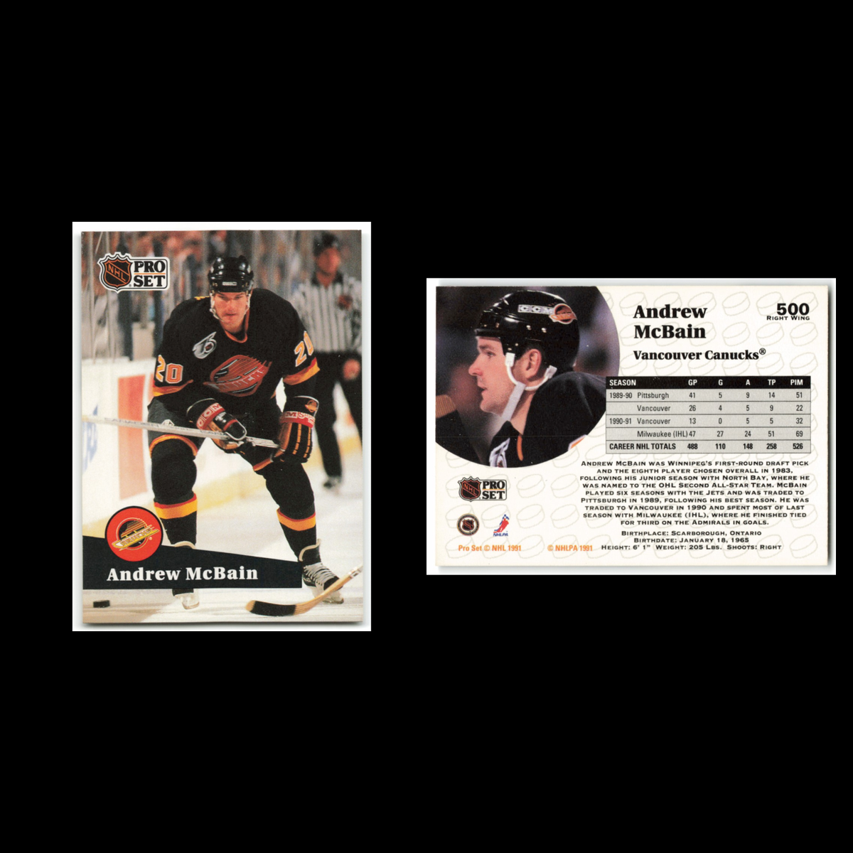 Andrew McBain #500 1991 Pro Set Vancouver Canucks Hockey Card NHL NM