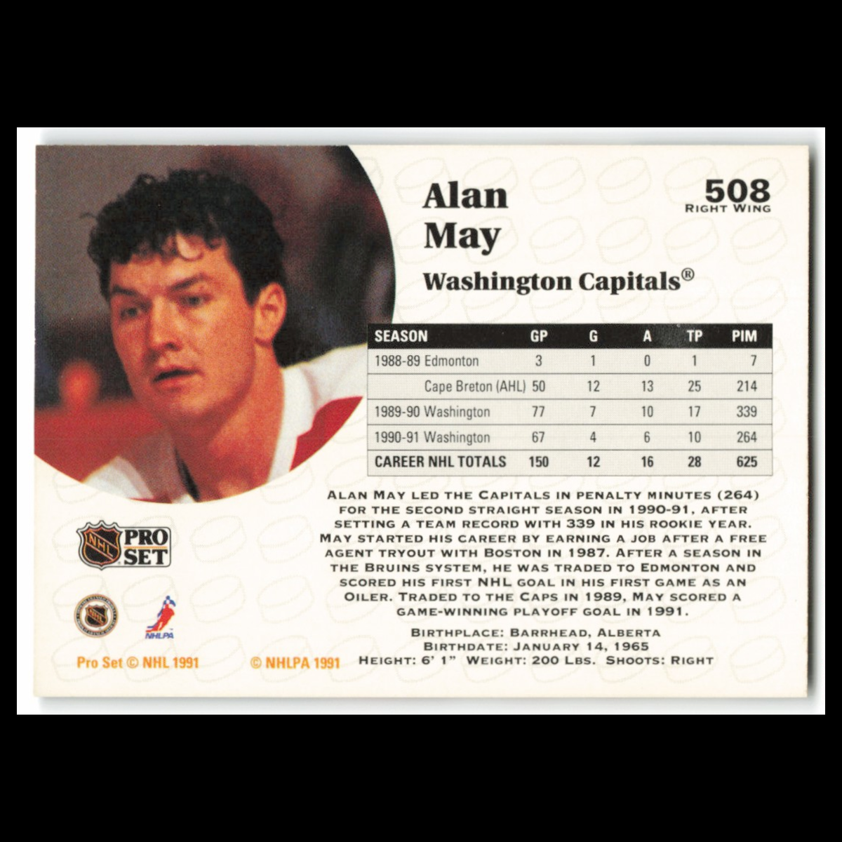 Alan May #508 1991 Pro Set Washington Capitals Hockey Card NHL NM