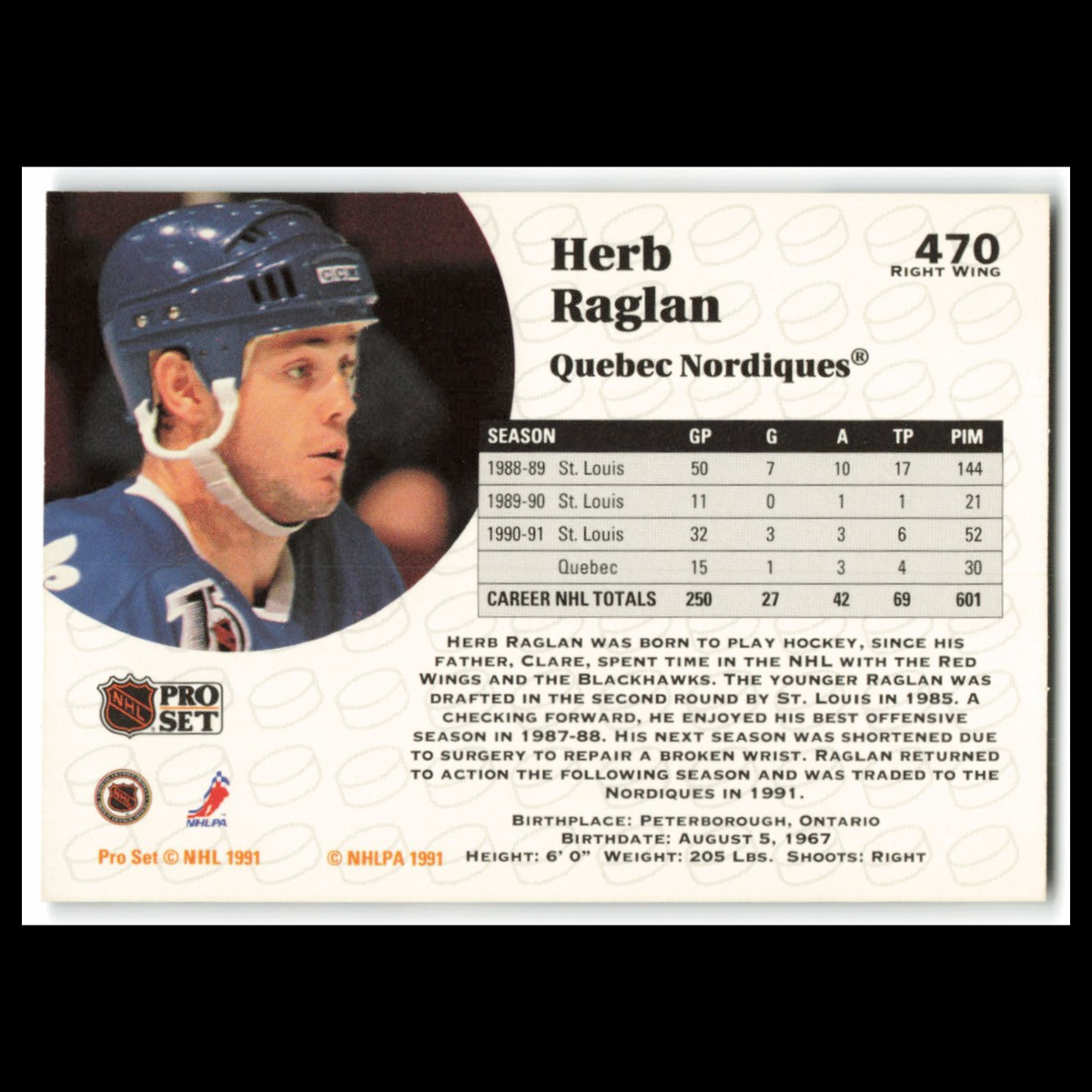 Herb Raglan #470 1991 Pro Set Quebec Nordiques Hockey Card NHL NM
