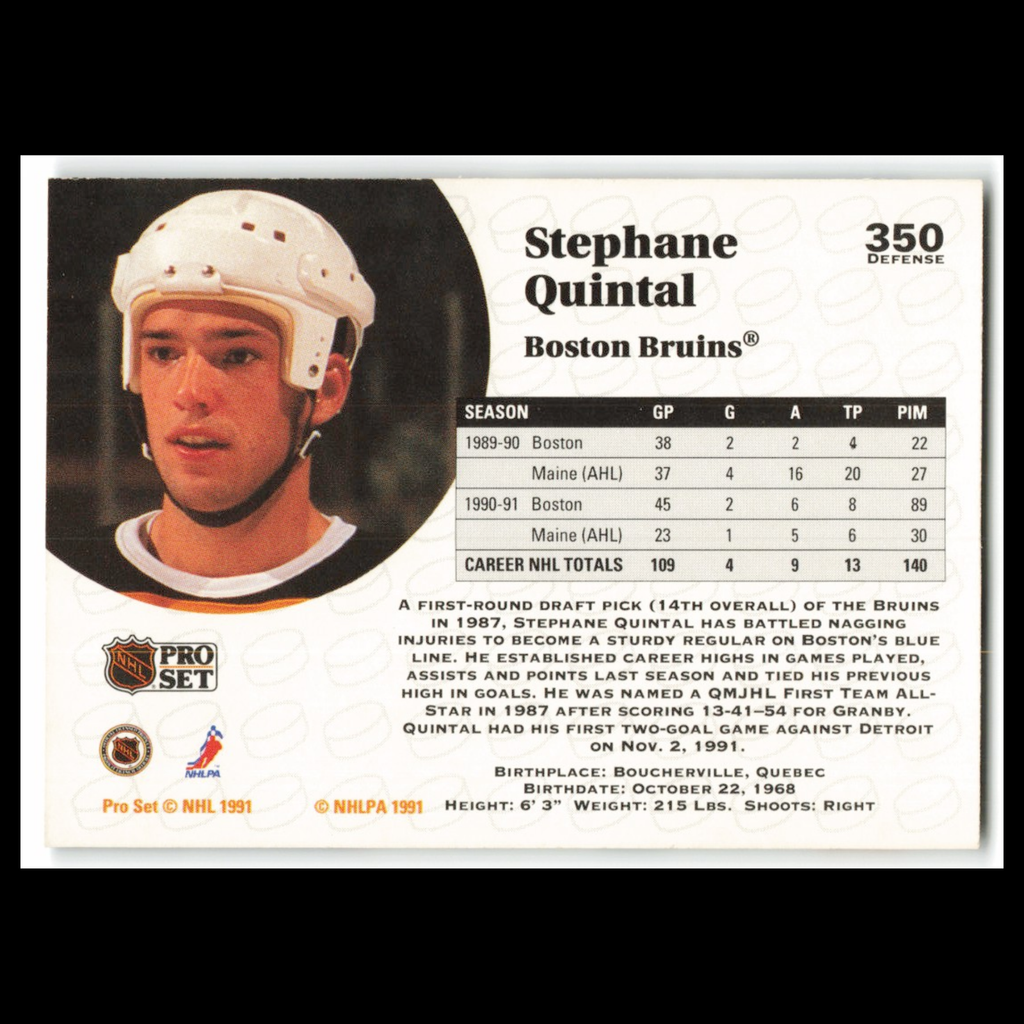 Stephane Quintal #350 1991 Pro Set Boston Bruins Hockey Card NHL NM