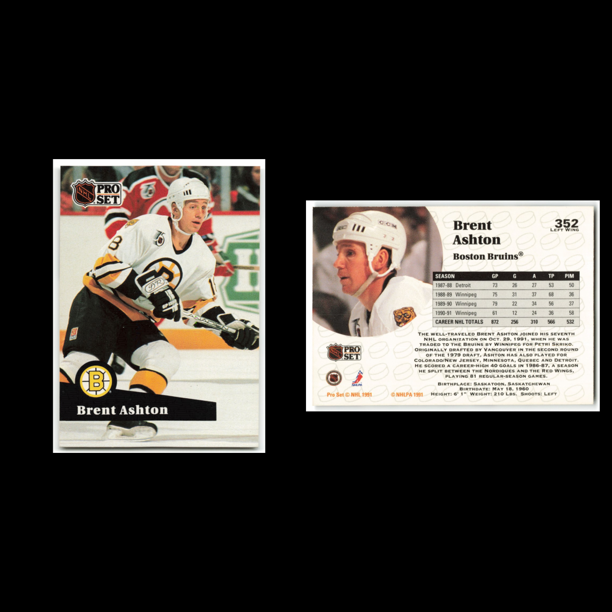 Brent Ashton #352 1991 Pro Set Boston Bruins Hockey Card NHL NM