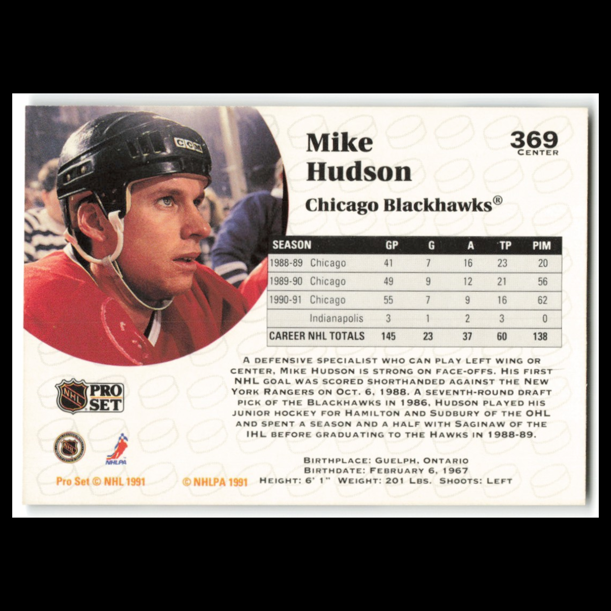 Mike Hudson #369 1991 Pro Set Chicago Blackhawks Hockey Card NHL NM