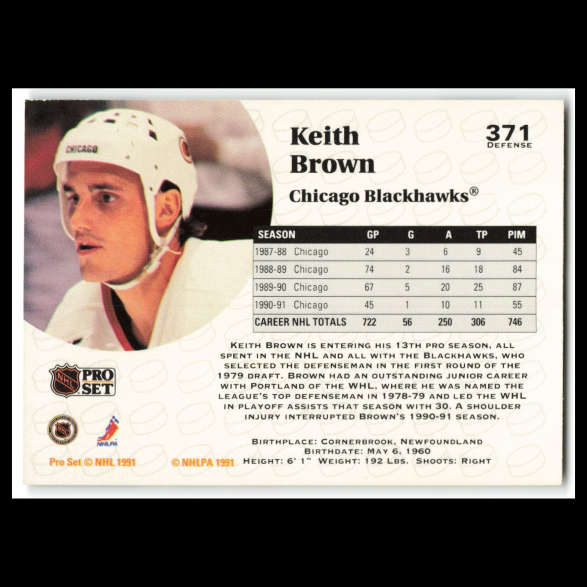 Keith Brown #371 1991 Pro Set Chicago Blackhawks Hockey Card NHL NM