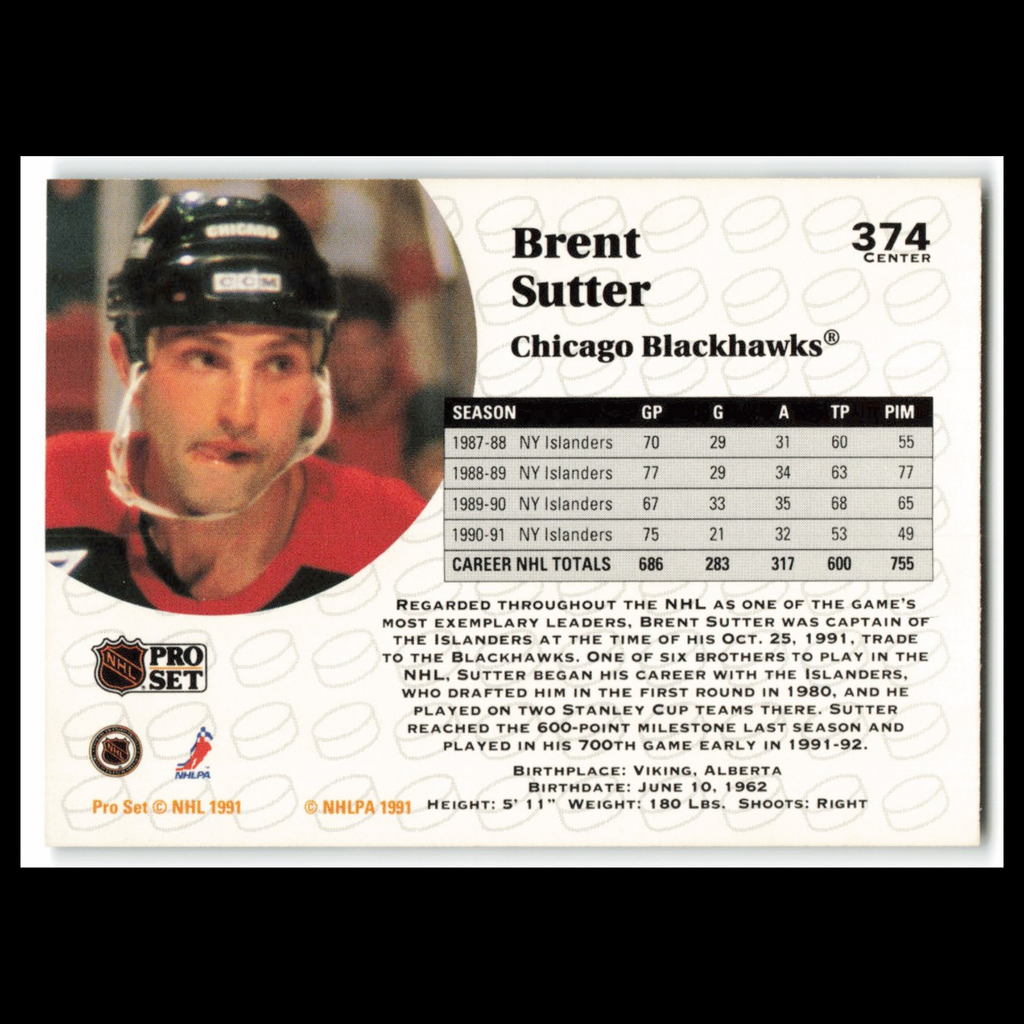 Brent Sutter #374 1991 Pro Set Chicago Blackhawks Hockey Card NHL NM