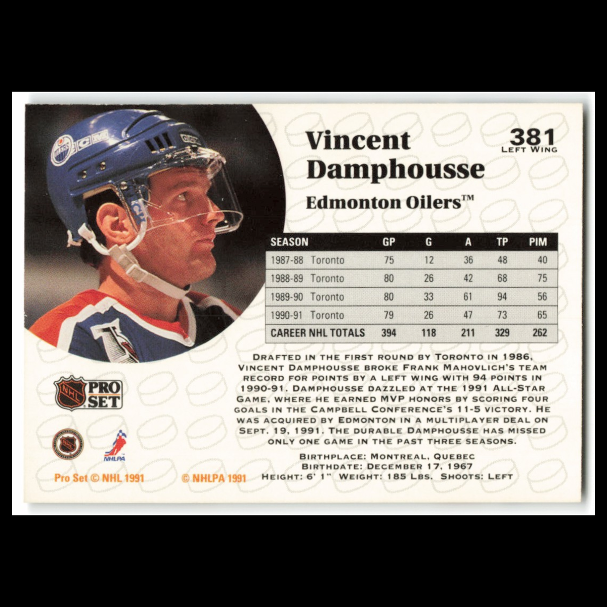 Vincent Damphousse #381 1991 Pro Set Edmonton Oilers Hockey Card NHL NM