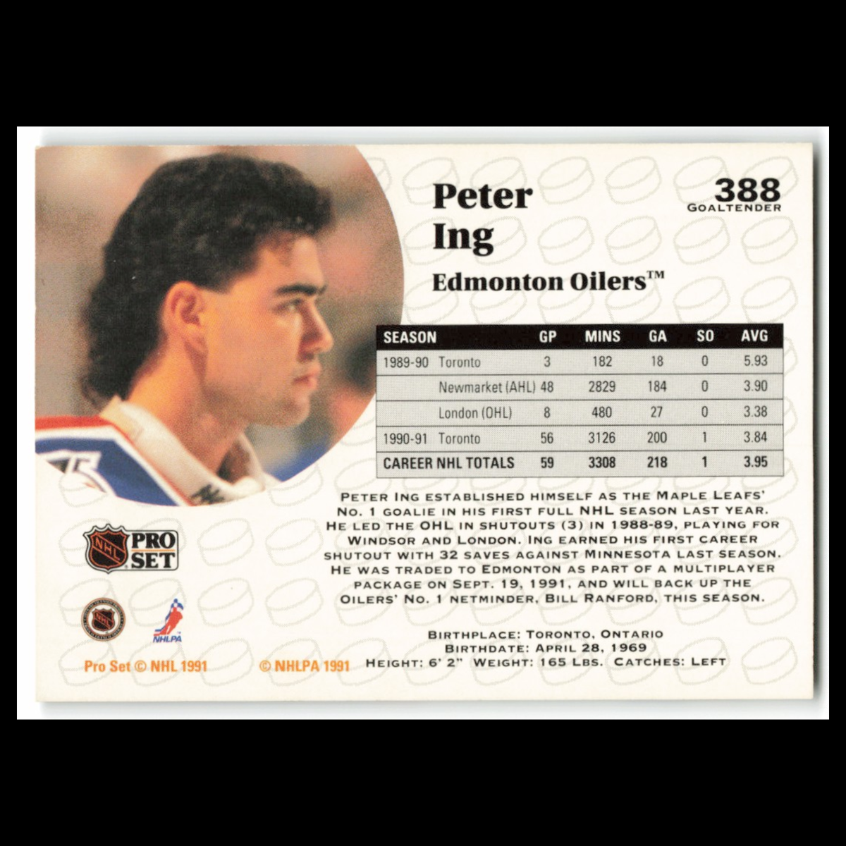 Peter Ing #388 1991 Pro Set Edmonton Oilers Hockey Card NHL NM