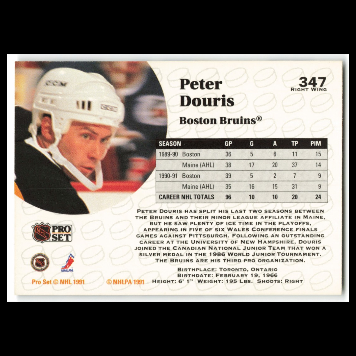 Peter Douris #347 1991 Pro Set Boston Bruins Hockey Card NHL NM