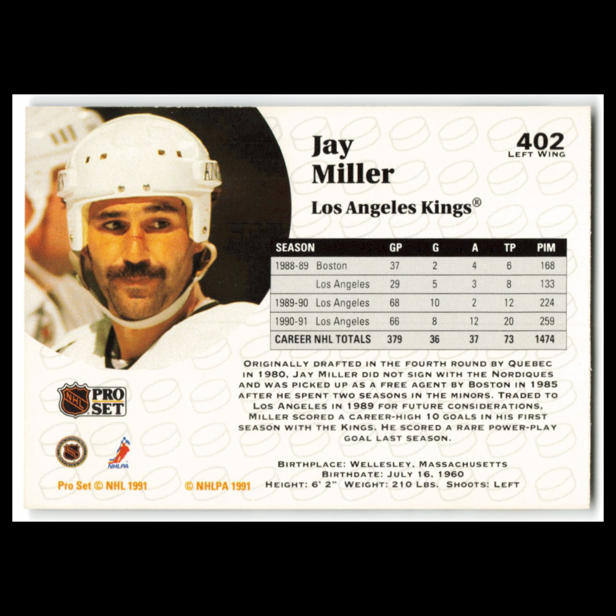 Jay Miller #402 1991 Pro Set Los Angeles Kings Hockey Card NHL NM