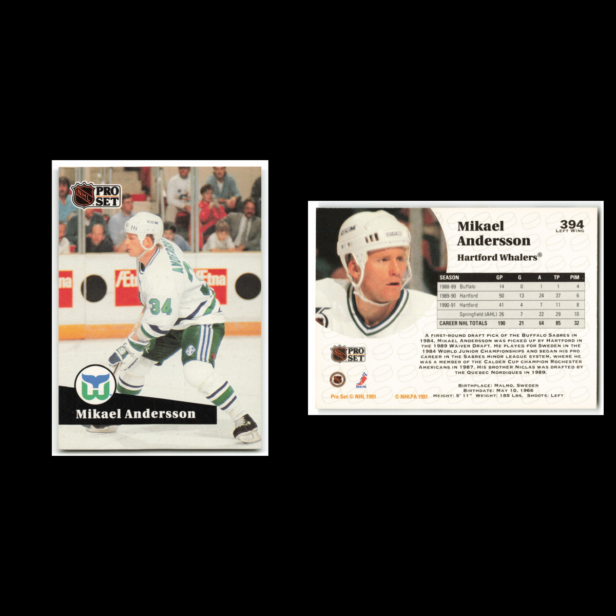 Mikael Andersson #394 1991 Pro Set Hartford Whalers Hockey Card NHL NM