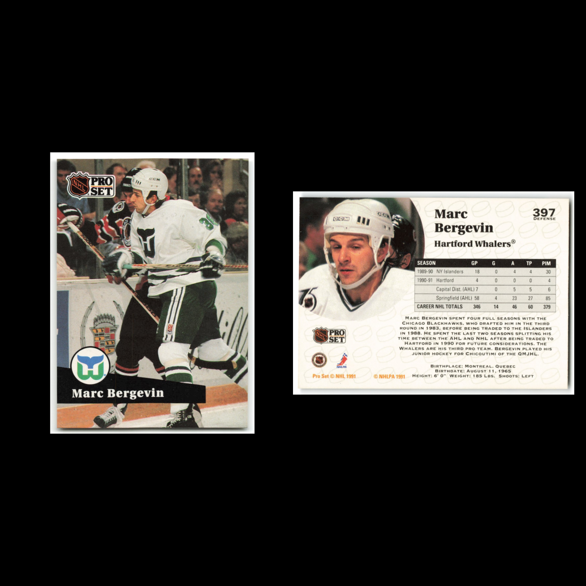 Marc Bergevin #397 1991 Pro Set Hartford Whalers Hockey Card NHL NM