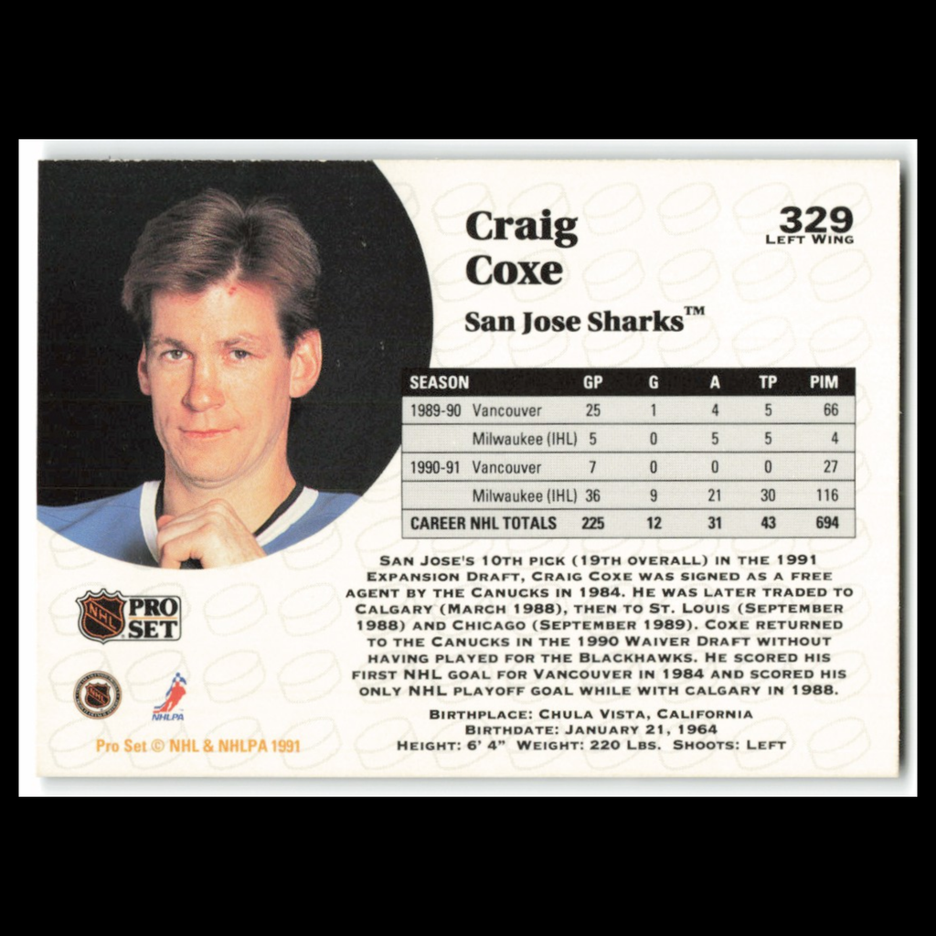 Craig Coxe #329 1991 Pro Set San Jose Sharks Hockey Card NHL NM