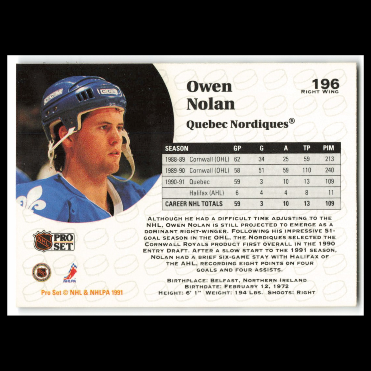 Owen Nolan #196 1991 Pro Set Quebec Nordiques Hockey Card NHL NM