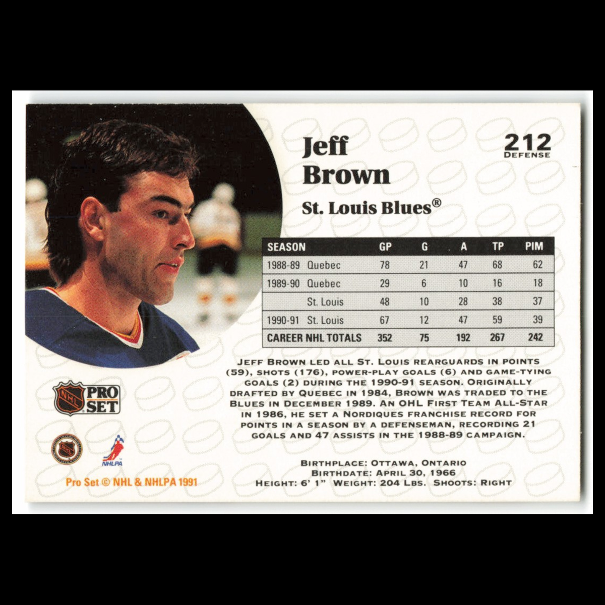 Jeff Brown #212 1991 Pro Set St. Louis Blues Hockey Card NHL NM