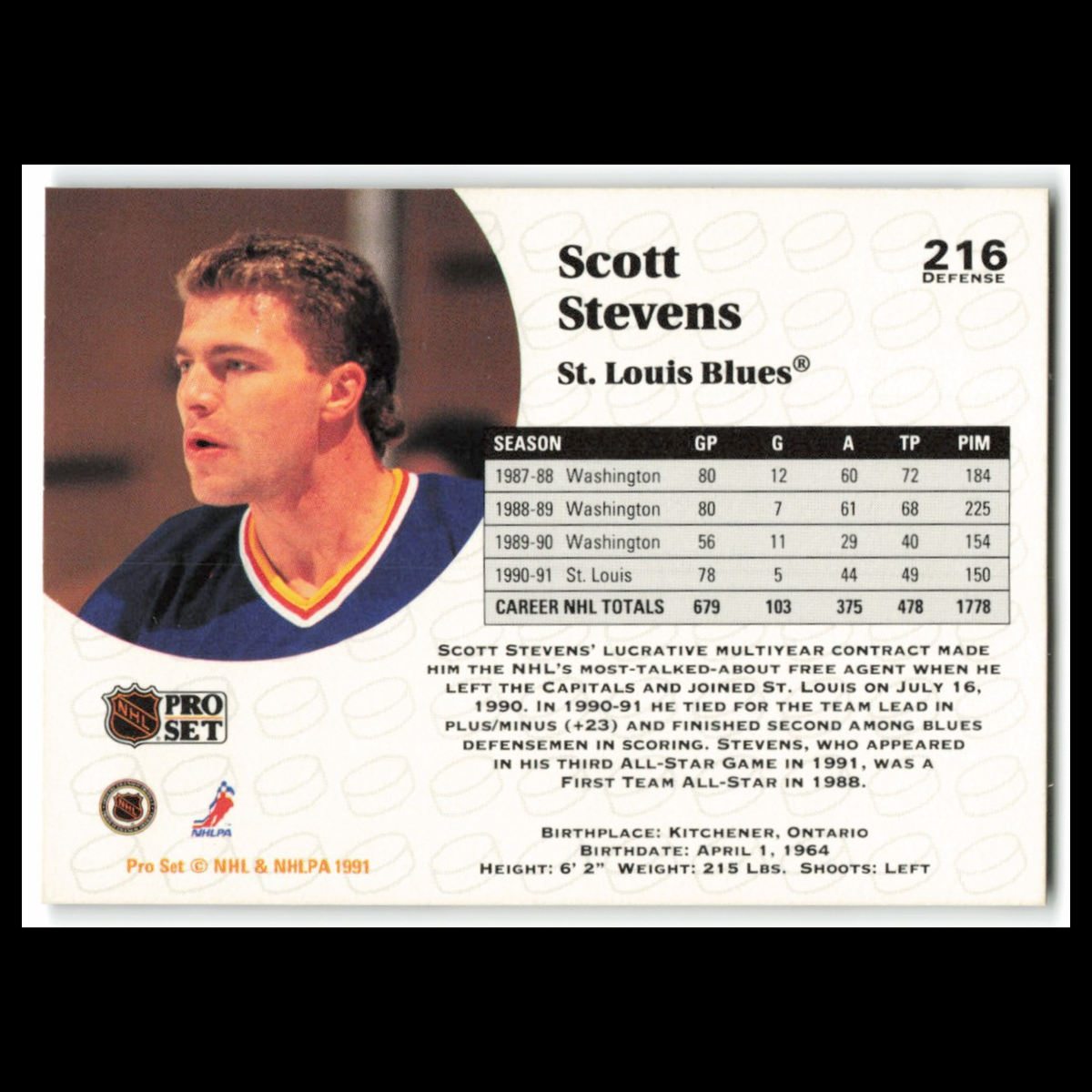 Scott Stevens #216 1991 Pro Set St. Louis Blues Hockey Card NHL NM