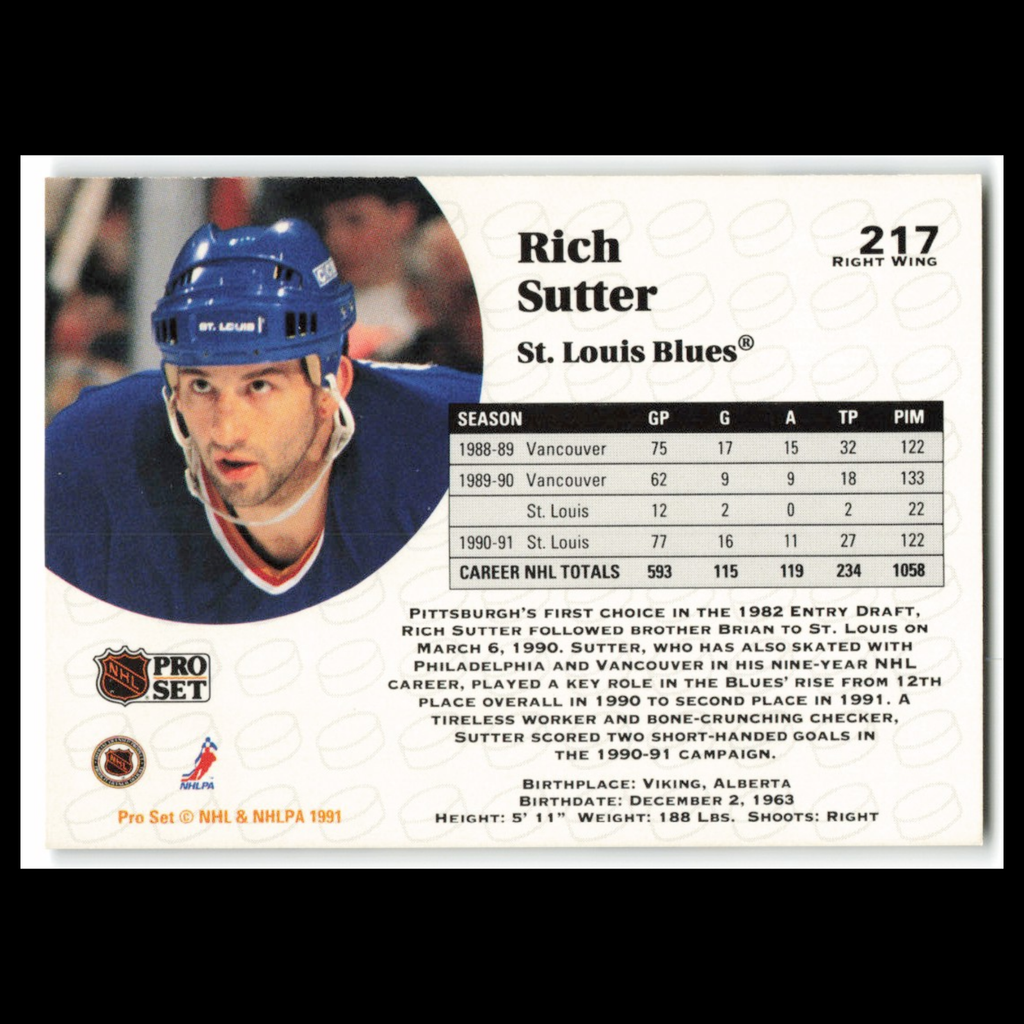 Rich Sutter #217 1991 Pro Set St. Louis Blues Hockey Card NHL NM