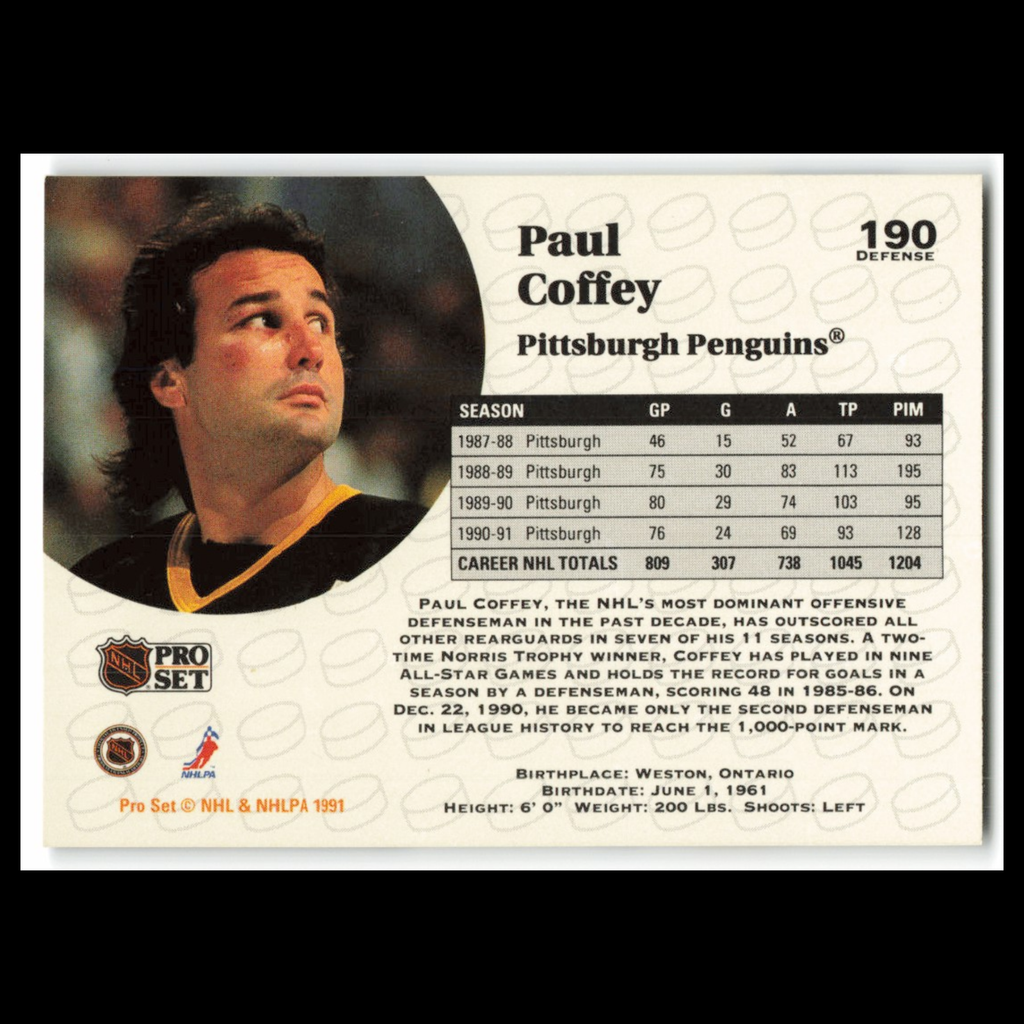 Paul Coffey #190 1991 Pro Set Pittsburgh Penguins Hockey Card NHL NM