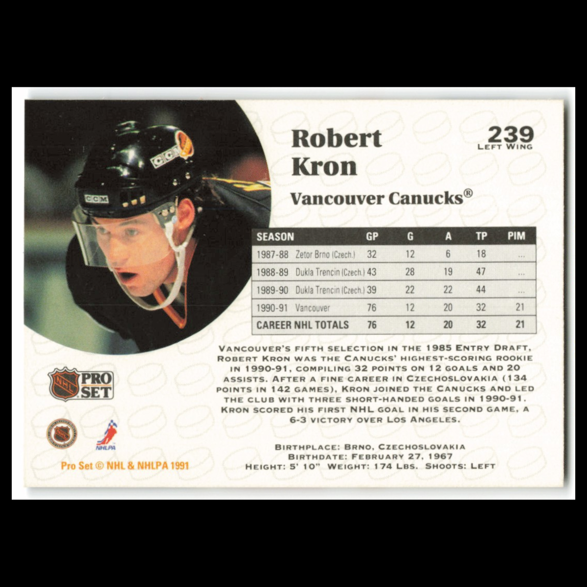 Robert Kron #239 1991 Pro Set Vancouver Canucks Hockey Card NHL NM