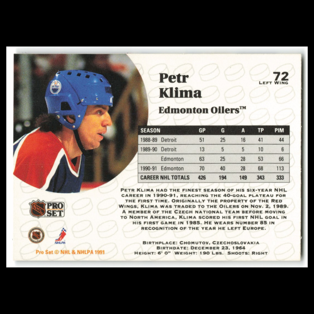 Petr Klima #72 1991 Pro Set Edmonton Oilers Hockey Card NHL NM