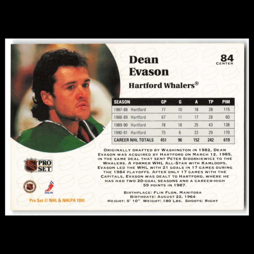 Dean Evason #84 1991 Pro Set Hartford Whalers Hockey Card NHL NM