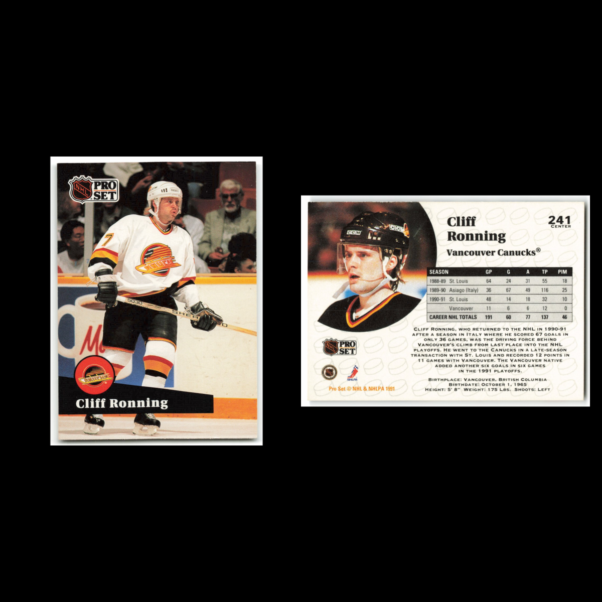 Cliff Ronning #241 1991 Pro Set Vancouver Canucks Hockey Card NHL NM