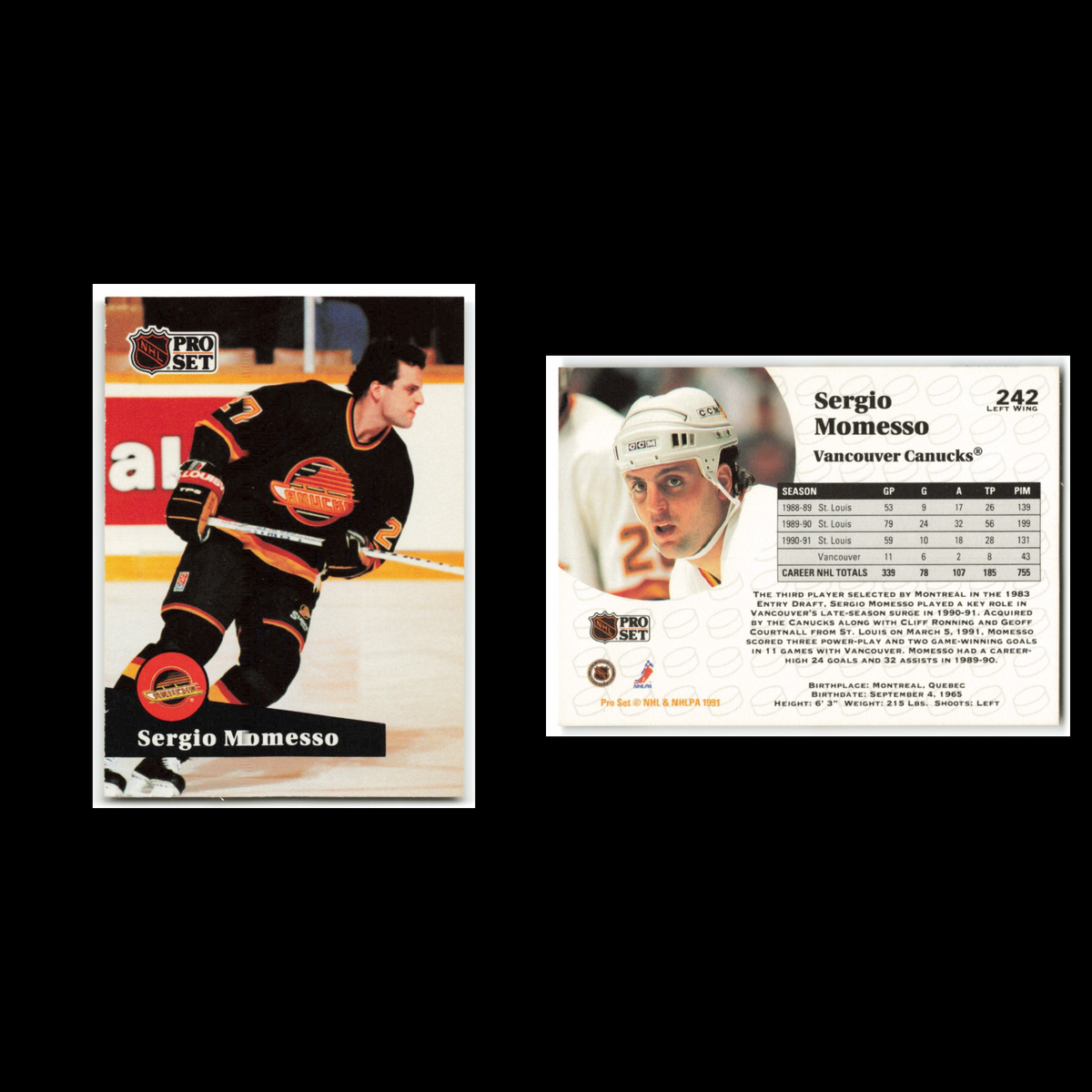 Sergio Momesso #242 1991 Pro Set Vancouver Canucks Hockey Card NHL NM