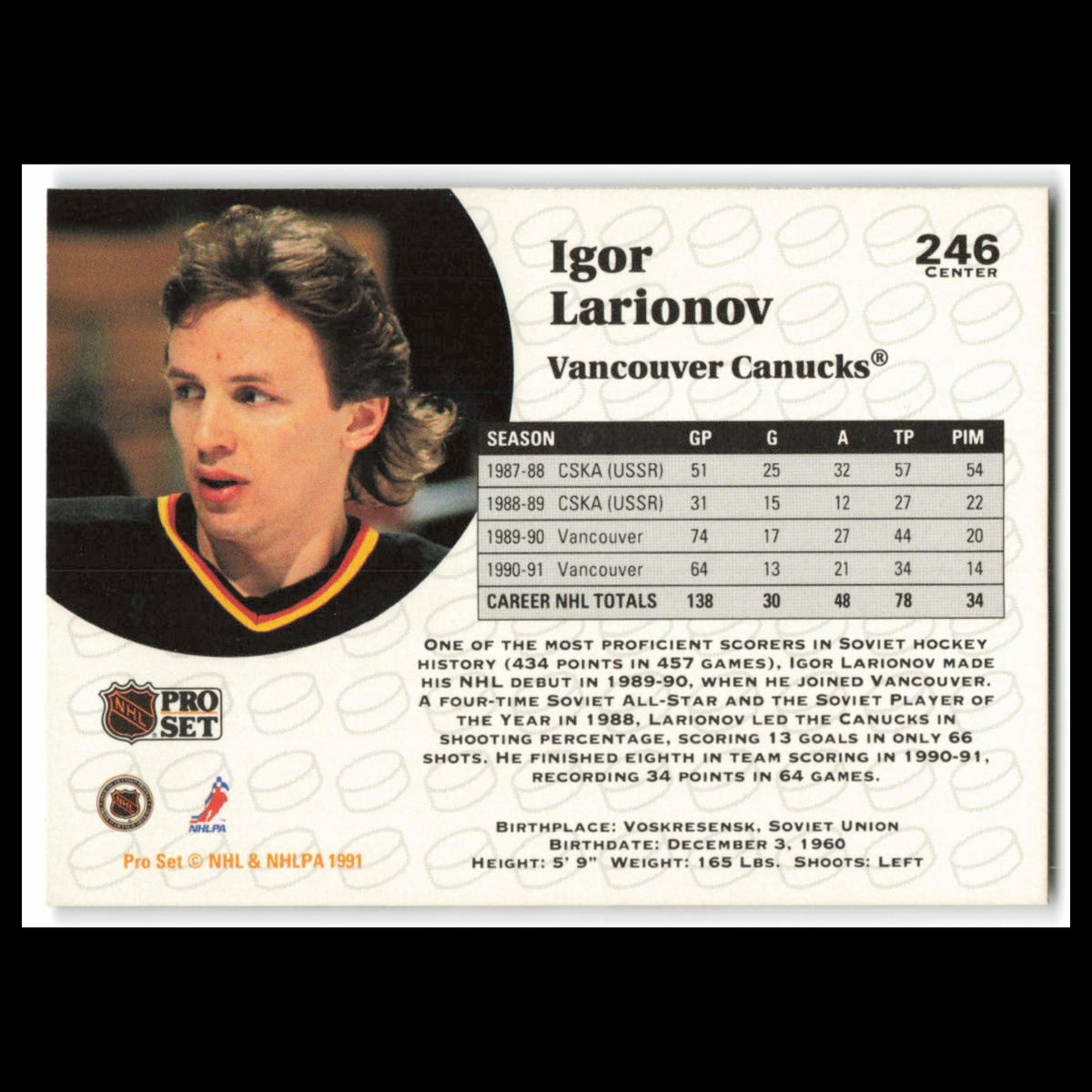 Igor Larionov #246 1991 Pro Set Vancouver Canucks Hockey Card NHL NM