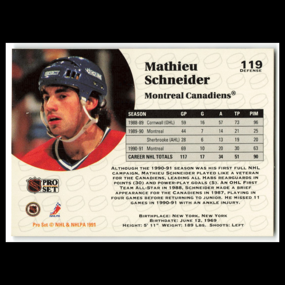 Mathieu Schneider #119 1991 Pro Set Montreal Canadiens Hockey Card NHL NM