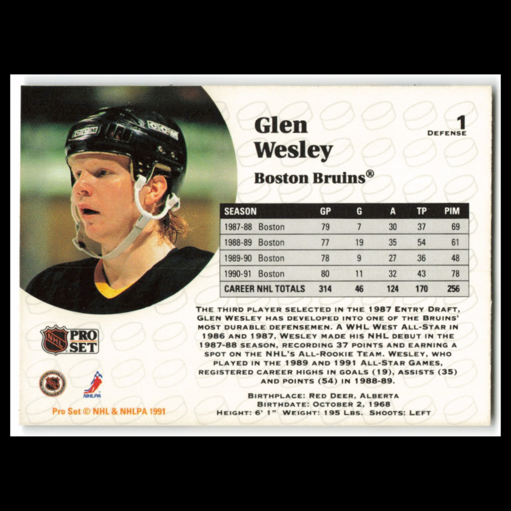 Glen Wesley #1 1991 Pro Set Boston Bruins Hockey Card NHL NM