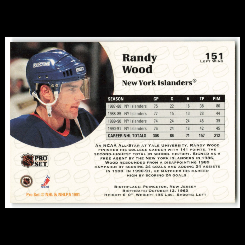 Randy Wood #151 1991 Pro Set New York Islanders Hockey Card NHL NM