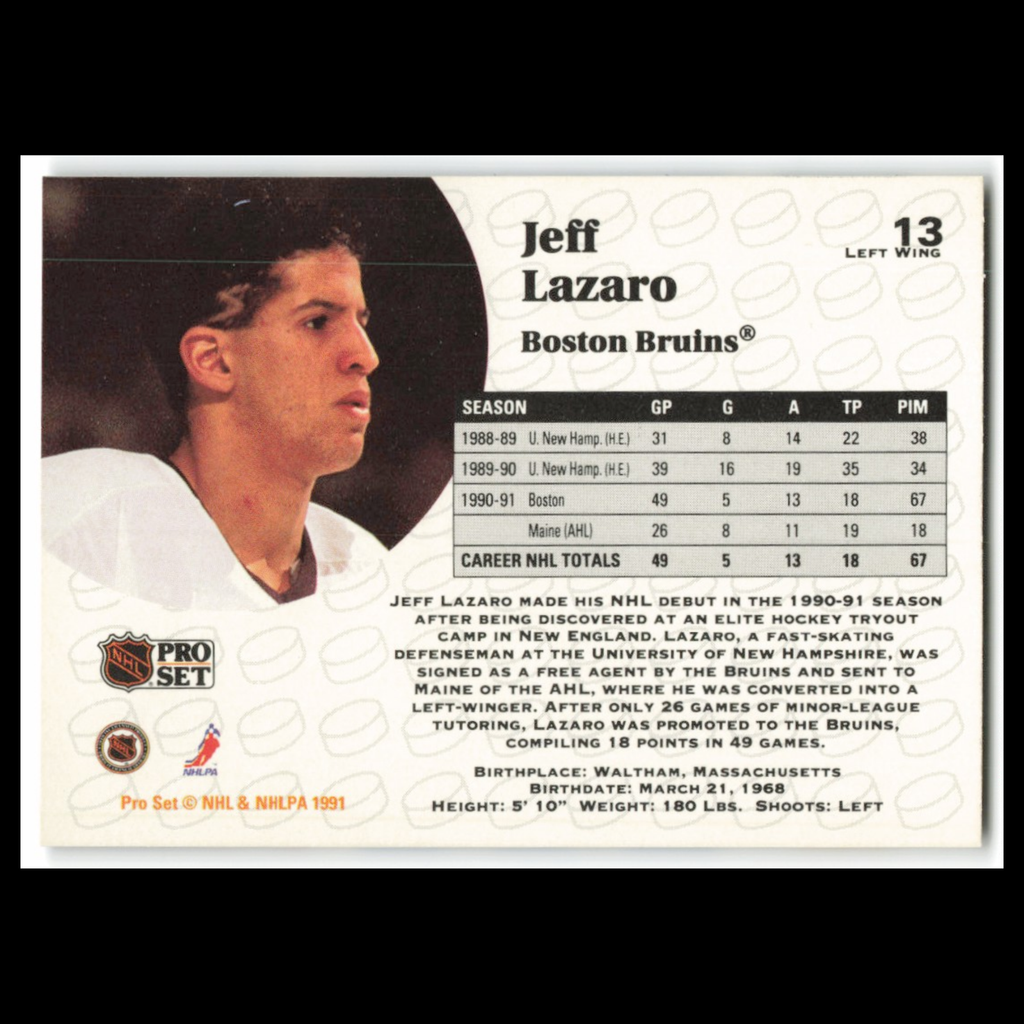 Jeff Lazaro Rookie #13 1991 Pro Set Boston Bruins Hockey Card NHL NM