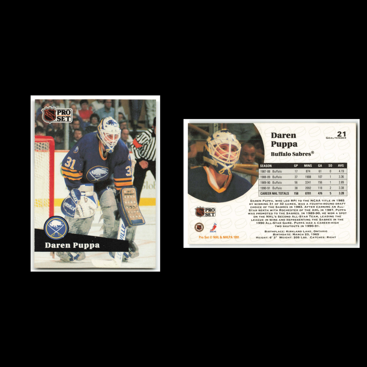 Daren Puppa #21 1991 Pro Set Buffalo Sabres Hockey Card NHL NM