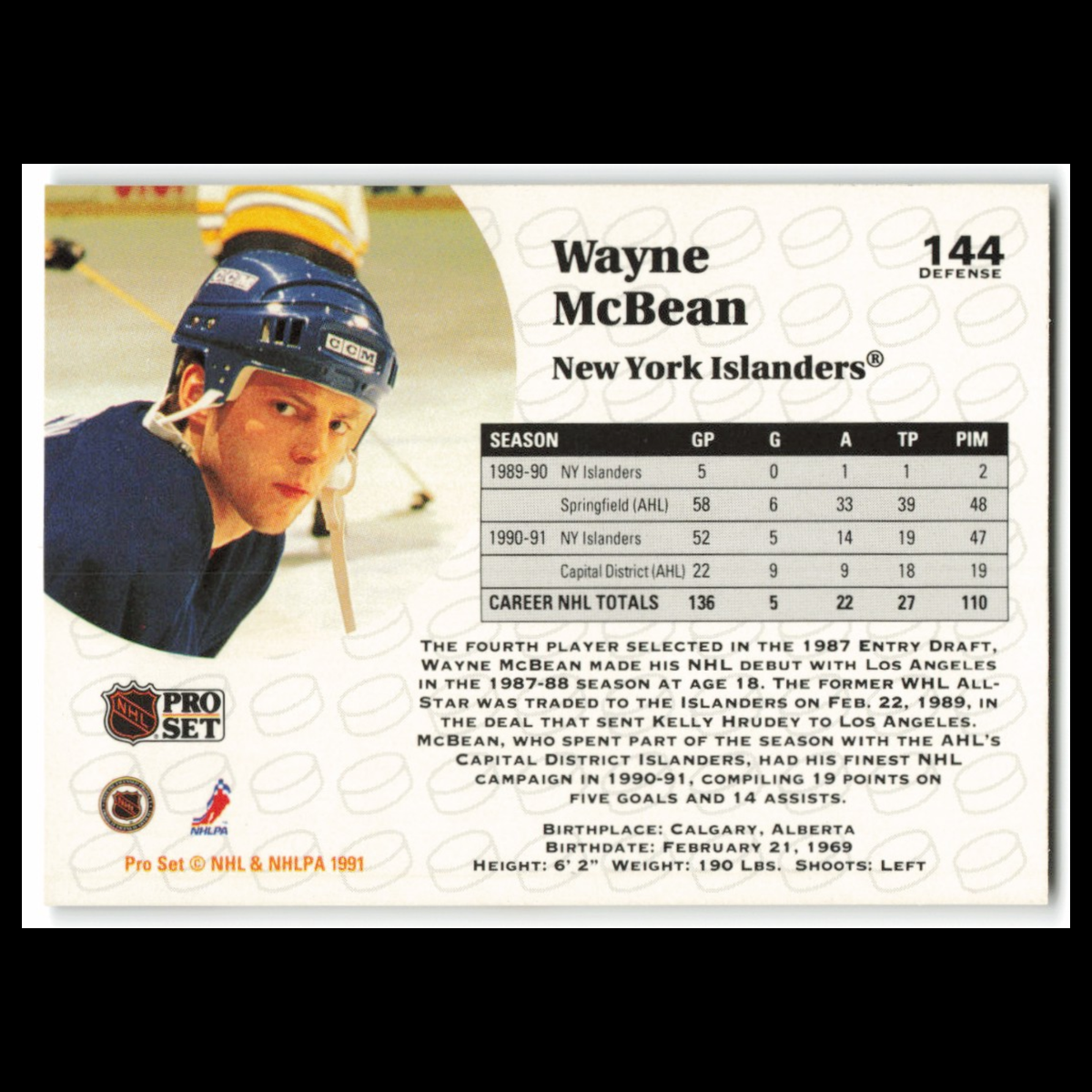 Wayne McBean #144 1991 Pro Set New York Islanders Hockey Card NHL NM